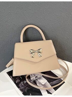 Beige Bow Accent Top-Handle Crossbody Bag